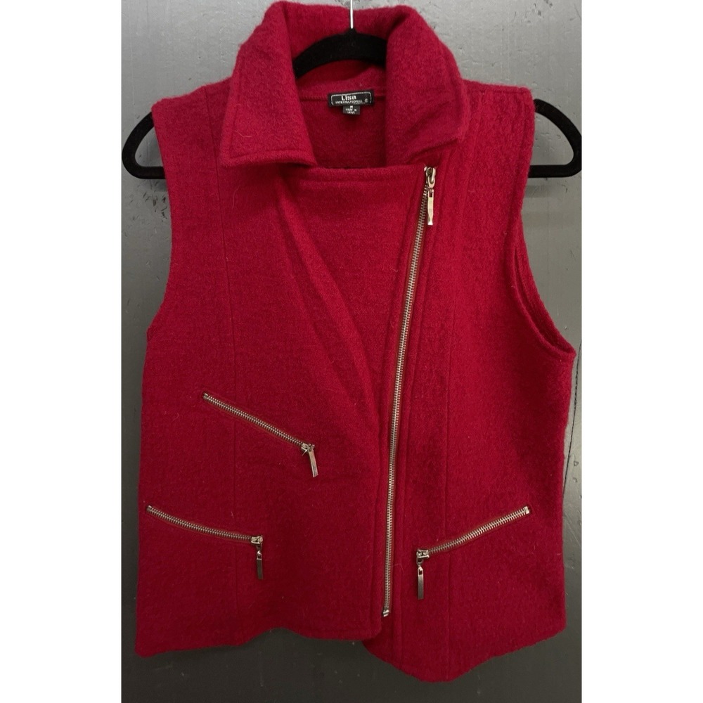 Women Boiled Wool Vest M Red Asymmetric Zip Pockets Moto Biker Y2K Whimsigoth